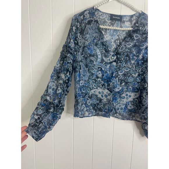 The Kooples Blue V Neck Sheer Paisley Print Cropped Blouse Size 1 FR/US 4 - Picture 6 of 9